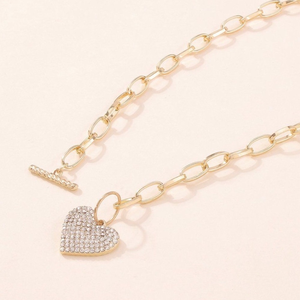 Full Of Love Rhinestone Heart Chain Link Necklace Gold Or Silver NEW